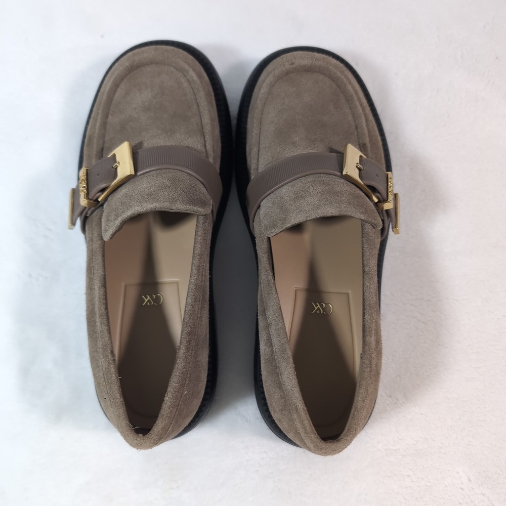 Charles & Keith Loafers Women Taupe Suede Gold Buckle Lug Sole Chunky Platform - Picture 13 of 13